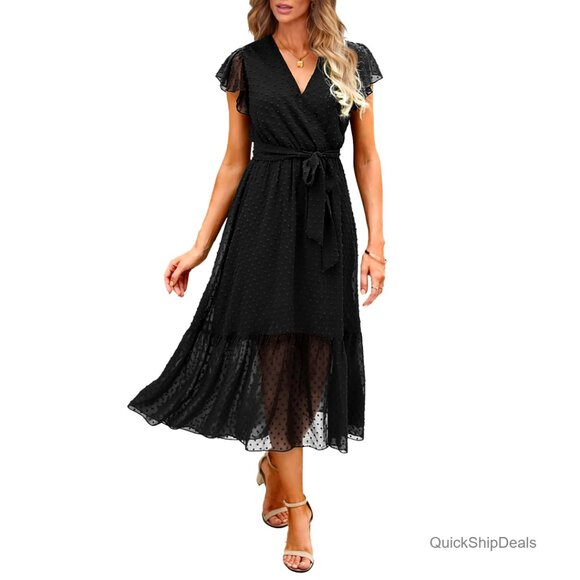 Summer Bohemian Floral Wrap V Neck Ruffle Sleeveless Midi Dress Sizes S-XL